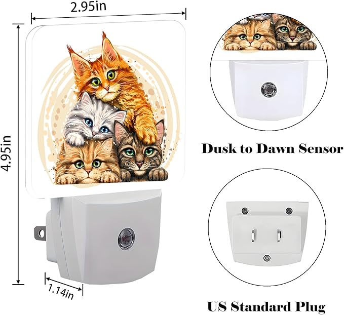 Colorful Cats Night Light,Plug-in Night Lights with Dusk to Dawn Sensor for Stairway,Hallway,Bedroom Sleep Friendly Ideal for Women/Girls/Boys Gift,0.5w