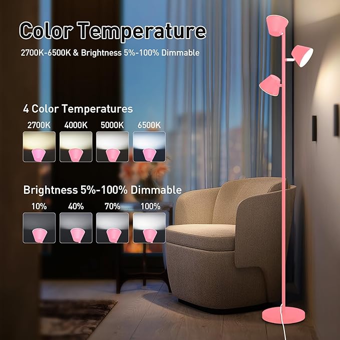 42W LED Tree Floor Lamp, 68" Modern Dimmable Floor Lamps for Living Room with Remote & Touch Control, with 3 Rotatable Lights 4 Color Temperatures, Tall Standing Lamp for Bedroom Office, Pink