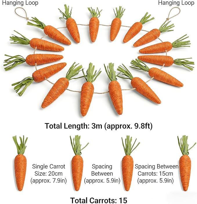 10 FT Artificial Easter Carrot Garland with 15 Carrot Ornaments - Easter Decoration Hanging Banner for Mantel Fireplace Home Kitchen Party Decor