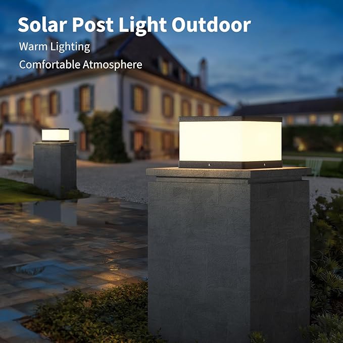 Solar Post Lights Outdoor, 9.8'' Pillar Cap Lights IP54 Waterproof, 3000K LED Column Light Modern Dusk to Dawn Lamp, Fence Lantern Posts Outdoor Lighting Lamps Fixture for Garden Pathway Driveway