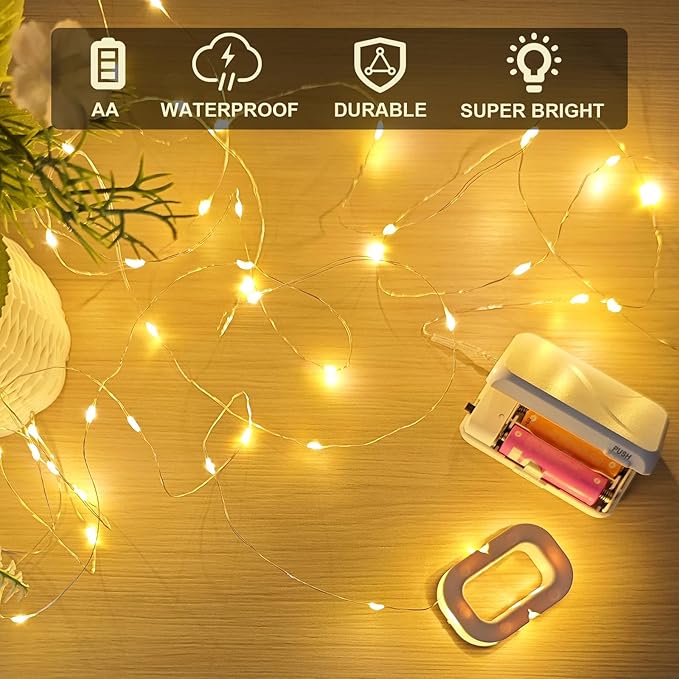 Aogist 2-Pack 16FT Fairy Lights with Spool,Ultra-Bright 50 LEDs Battery Operated Copper Wire String Light for Bedroom Christmas Wedding Centerpiece Parties Decoration,Warm White