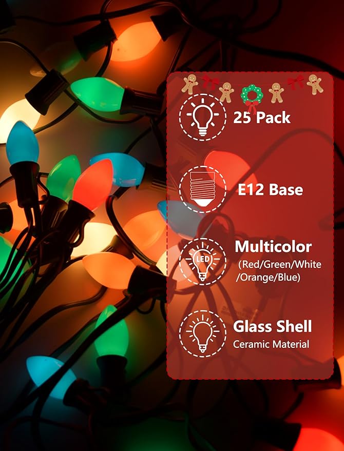 SUNSGNE Christmas Replacement Light Bulbs, C7 LED Ceramic Glass Multicolor Christmas Bulbs, 25 Pack, C7/E12 Candelabra Base, 0.6 Watt