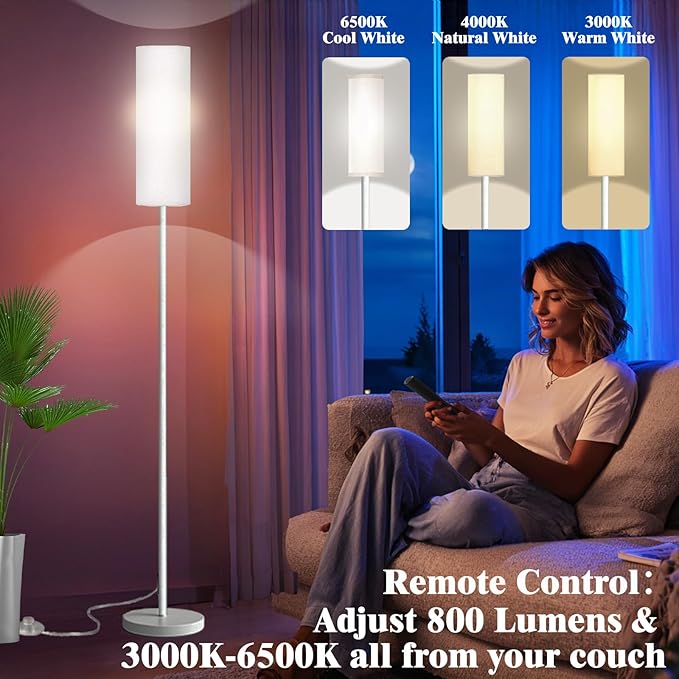 Smart LED Floor Lamp with APP Control & RGB Colors - Dimmable Standing Lamp for Living Room, Bedroom, Gaming - Remote, Timer, 9W Bulb Included, 67" Modern Tall Lamp (White)