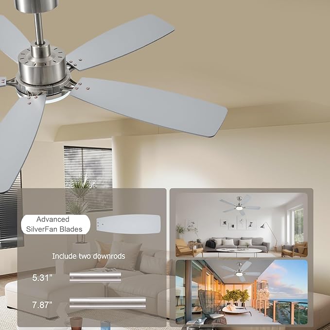 Ceiling Fans with Lights, 52 Inch Low Profile Ceiling Fan with Light and Remote Control, 2 Downrods, DC Reversible Motor, Dimmable LED Ceiling Fans for Bedroom,Indoor/Outdoor Patio Use（Nickel）