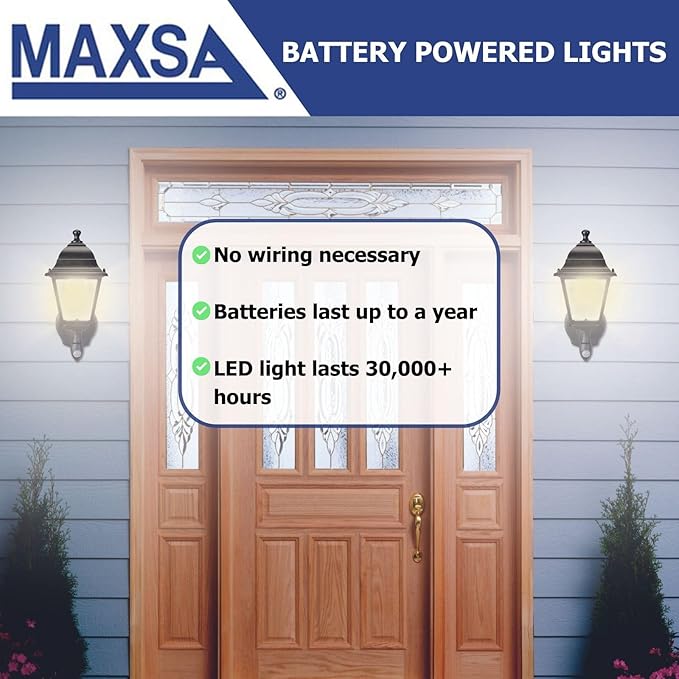 Maxsa 44219 Premium Wireless Battery-Powered Motion-Activated Decorative Outdoor Wall Sconce Lighting Fixture, Cool White LED, Metal Housing, Black (Pack of 4)