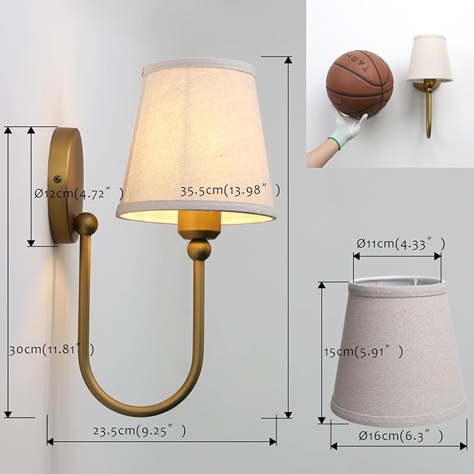 Pathson Antique Linen Fabric Wall Sconces Set of 2, Hardwired Curved Arm Bathroom Vanity Light, Indoor Wall Decor Lamp for Living Room, Kitchen, Bedroom, Foyer