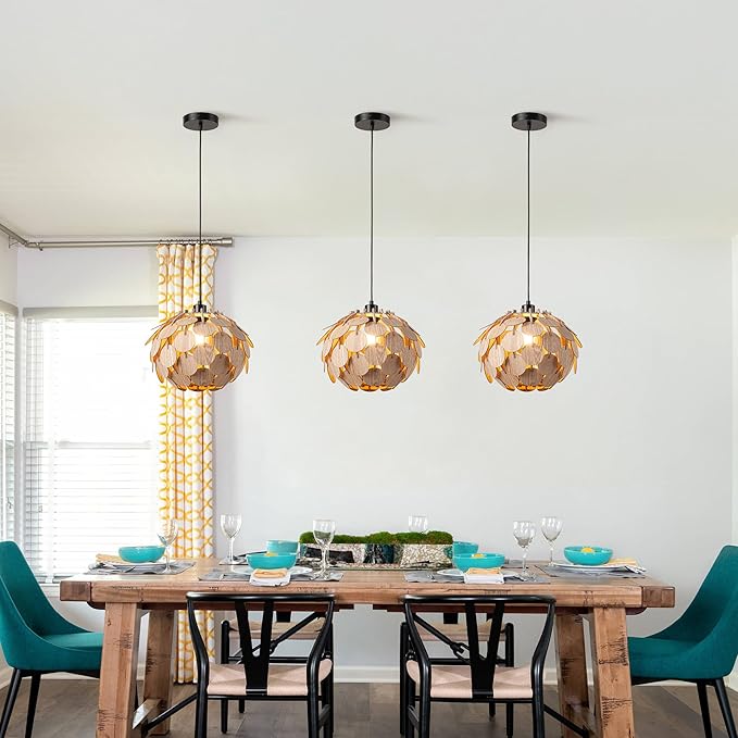 Vintage Wood Pendant Light Fixtures, Modern Farmhouse Walnut Dining Room Chandelier, Mid-Century Ceiling Mount Hanging Light Fixture for Kitchen, Bedroom, Living Room, Foyer, Art Decor, Black