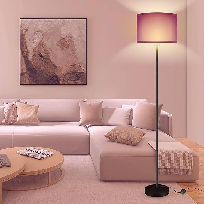 Floor Lamp, Standing Lamp, Modern Stand Up Lamps with Purple Lampshade, 59" Tall, Foot Switch, Simple Living Room Decor for Kids Room, Girls Room, Den, Office - Black(NO Bulb,E26 Base)