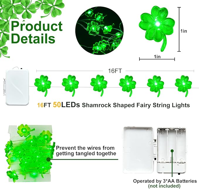 ZGWJ St Patricks Day Decorations Shamrocks String Lights Battery Operated, 1 Pack 50LED 16FT Waterproof Fairy Lights Lucky Clover Green for Bedroom,Party,St Patricks Day Decor