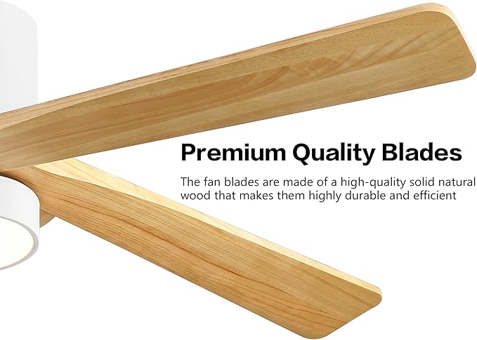 WINGBO 54 Inch Flush Mount DC Ceiling Fan with Lights and Remote, 5 Reversible Carved Wood Blades, 6-Speed Noiseless DC Motor, Hugger Ceiling Fan in White Finish with Oak Blades, ETL Listed