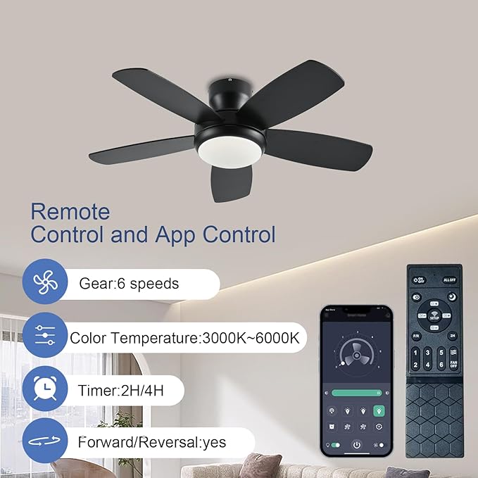 KNUN 42 Inch Ceiling Fan with Light and Remote/App Control, Low Profile Ceiling Fans with Lights,Flush Mount, Double-sided Blades, 3CCT, Dimmable, Noiseless, Black Ceiling Fan for Indoor/Outdoor Use
