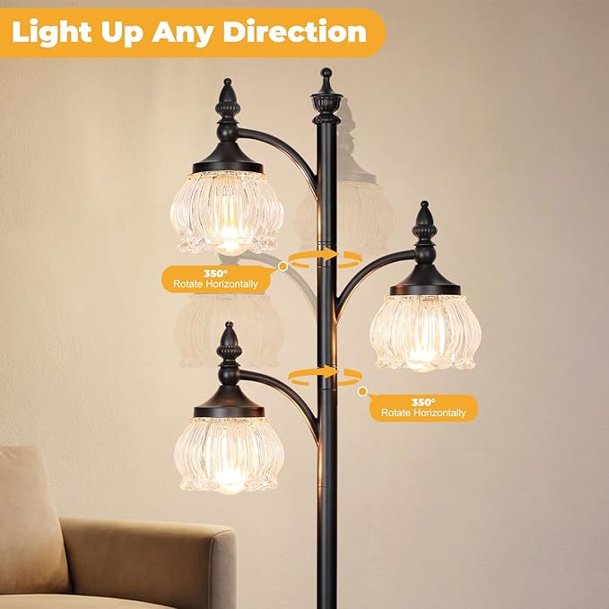 Black Standing Lamps for Living Room 66.5in Floor Lamps with Glass Shade 3 Way Brightness Lights Dimmable Modern Corner Lamp for Bedroom Office(3LED Bulbs Included)