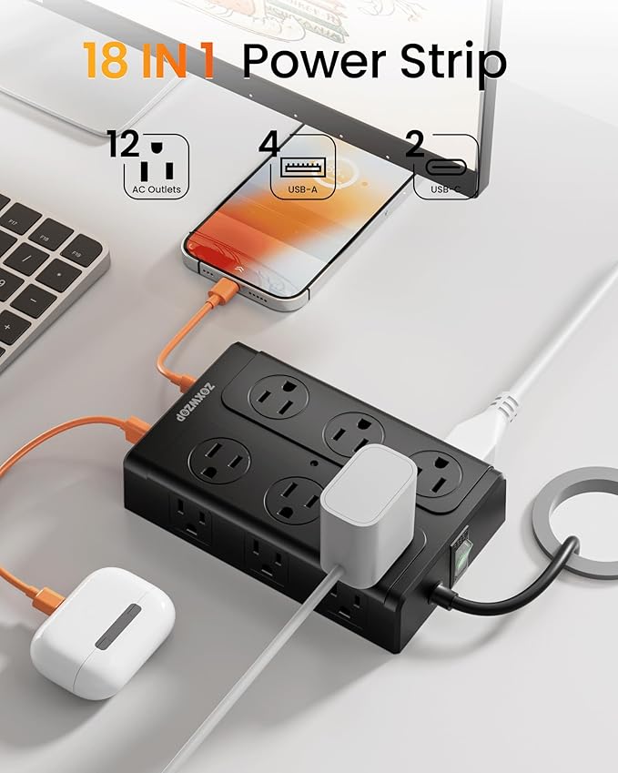 Surge Protector Power Strip – 10FT Extension Cord with 12-Outlet 4 USB-A & 2 USB-C Ports, 1850W/15A, Flat Plug, Wall Mountable – ETL Listed for Home, Dorm Room