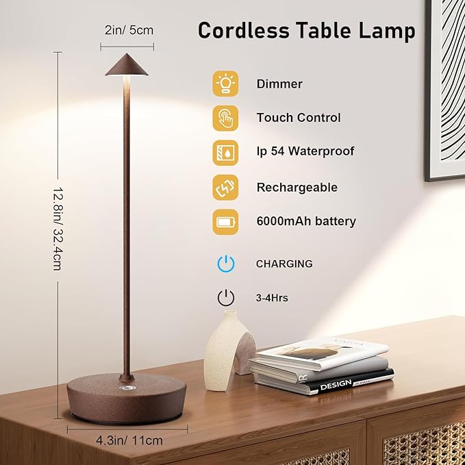 Set of 2 Rechargeable Cordless Table Lamp,6000mAh LED Battery Operated Desk Lamp Touch 3 Color Dimming Portable Outdoor Waterproof Table Light for Patio/Restaurant/Dining/Home (Rust)