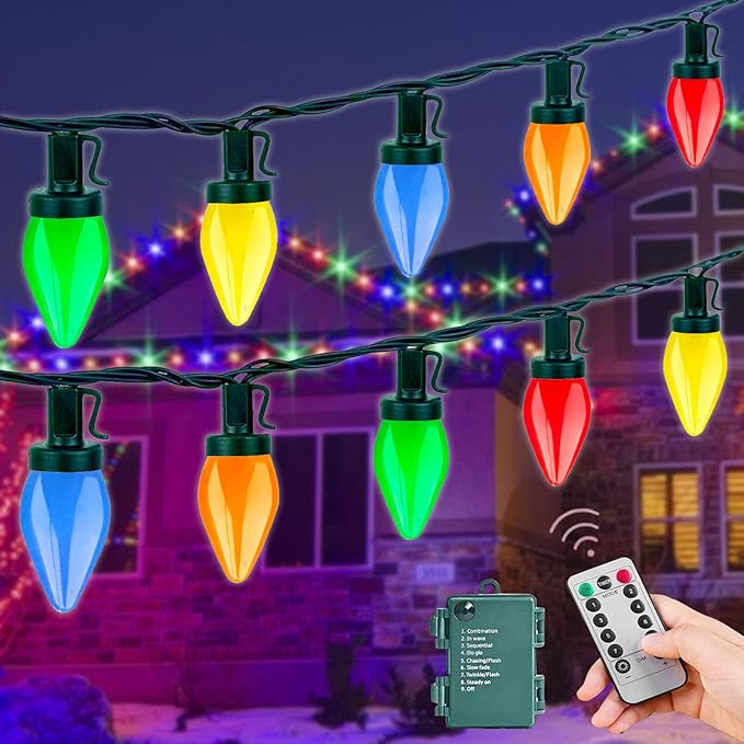Couah C7 Christmas Lights, 24ft 50LED C7 Christmas Lights Battery Powered LED Battery Powered for Indoor Outdoor Xmas Tree Garden Patio Backyard Party Christmas Decorations