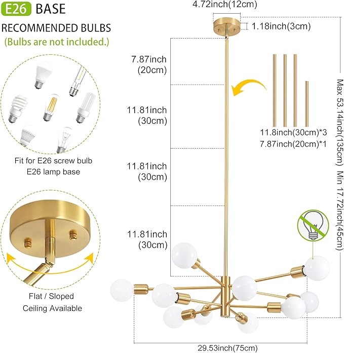 Sputnik Chandelier Modern Gold Chandelier Mid Century Ceiling Lighting Fixtures 10 Lights E26 for Living Room, Kitchen Island, Bedroom, Dining Room, and Farmhouse
