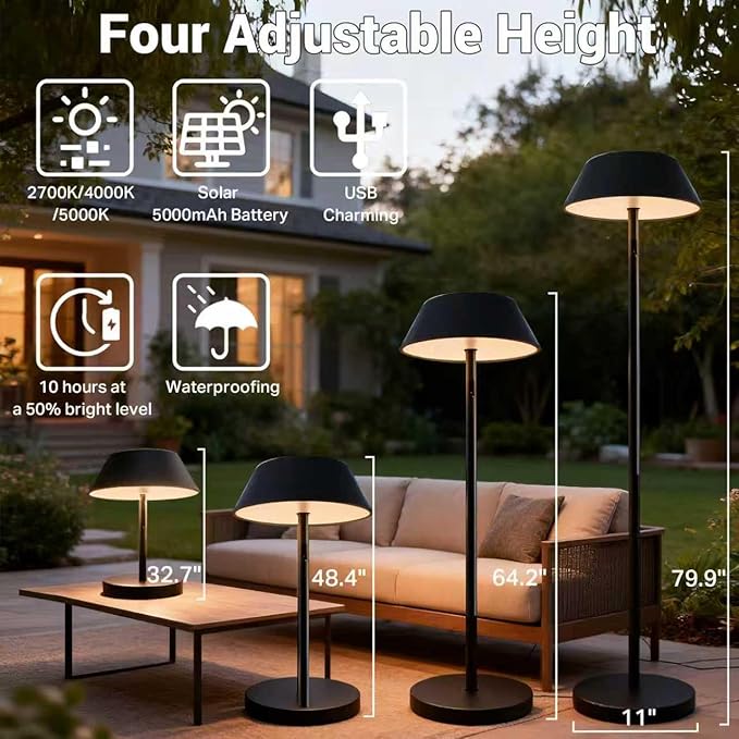 Outdoor Solar Powered Floor Lamp for Patios, Decks, Outdoor Living Spaces, Reading - Tall, Ultra Bright, Cordless, 3 Different Light Colors, IP65, Charge Battery by Solar or Type-C