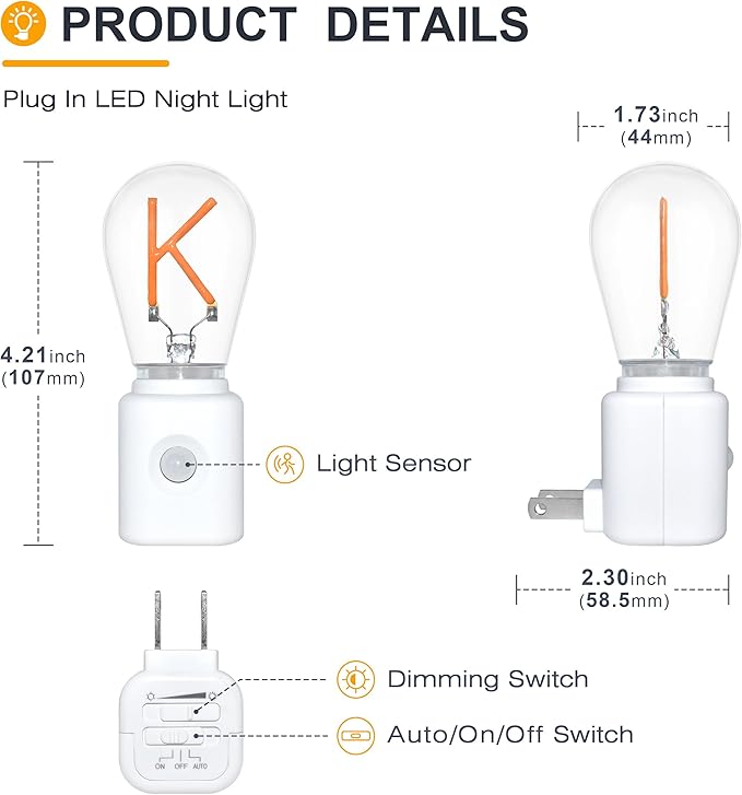 Night Lights Plug into Wall, Dimmable Night Light Pulg in, K-Type Night Lights with Motion Sensor, Adjustable Brightness 2200K LED Night Light for Bedroom Hallway, 1-Pack