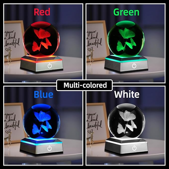 3D Crystal Ball Night Light - 3.15 Inch Butterfly Figurines Glass Ball Table Lamp with Color Changing Touch Base - Butterfly Gifts for Friends, Kids, Women - Christmas, Birthday