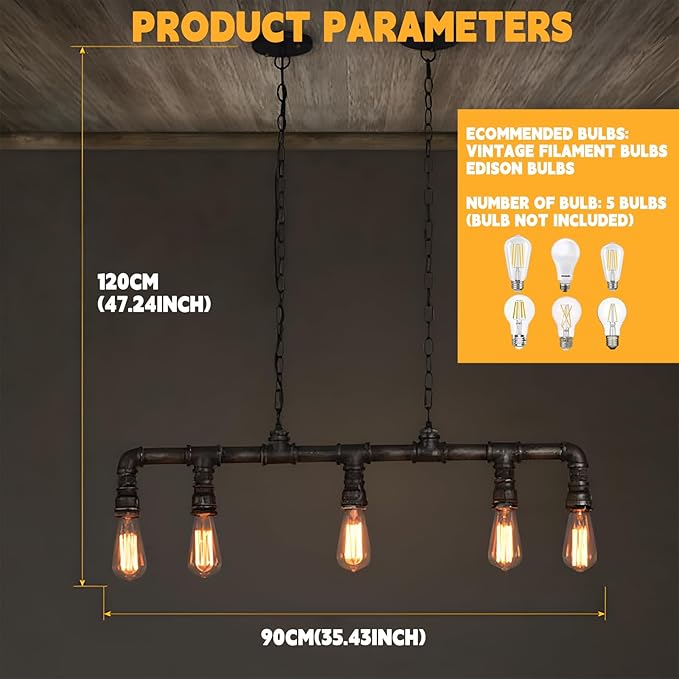 LightInTheBox Rustic Industrial Tube Pipe Chandeliers, Steampunk Pendant Light Fixture 5-Light Edison Farmhouse Ceiling Lamp for Dining Room Living Room Bar