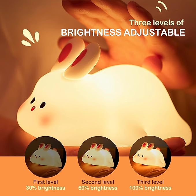 Squishy Bunny Night Light for Kids, Cute Big Face Rabbit Silicone Lamp with Timer Dimmable 3 Brightness, Easter Nursery Nightlight Portable Bedside Touch Lamp for Nightstand Bedroom Living Room Home ﻿