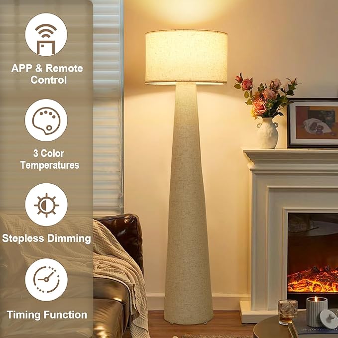 Boho White Floor Lamps for Living Room, Dimmable Standing Lamp with Remote and Bulb, Mid Century Column Tall Lamp with Fabric Shade, 3 Color Temperatures, Farmhouse Stand Up Light for Bedroom