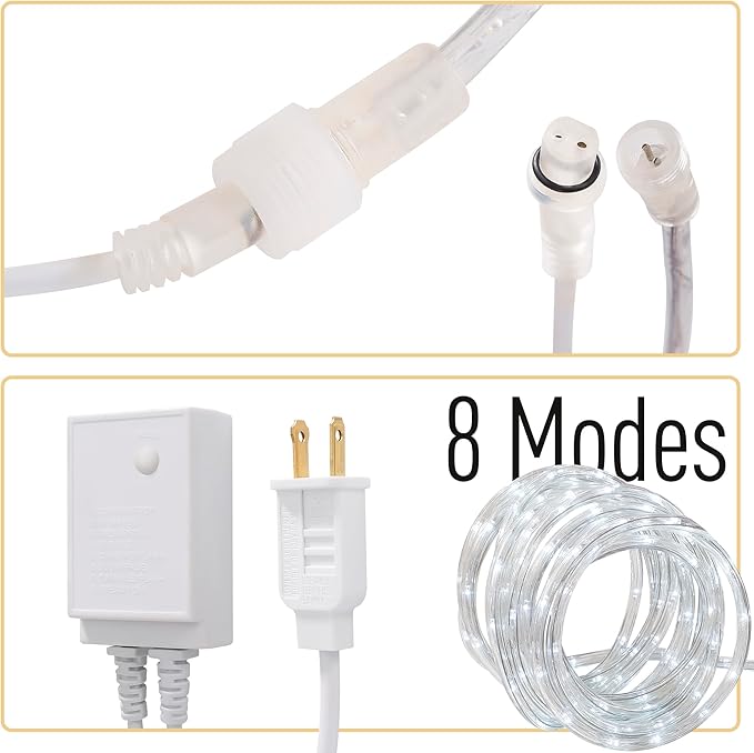 Waterproof LED Rope Lights, Connectable & Flexible with 8 Modes, Outdoor Lighting for Deck, Garden, Pool, Patio & Christmas Decor (White, 20ft)