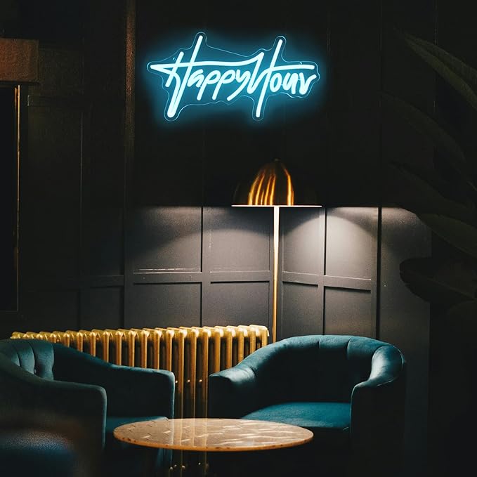Happy Hour Neon Sign Blue Letter LED Neon Lights Dimmable Neon Bar Sign Words Neon Light Up Sign for Bar Pub Restaurant Hotel Man Cave Party USB Powered Wall Art