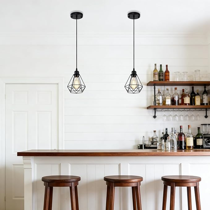 COTTAGE LIFE Black Pendant Light Fixtures 2 Pack, Farmhouse Industrial Metal Cage Pendant Lights, Adjustable Hanging Light Fixtures for Kitchen Island, Dining Room, Bar, Bedroom, Hallway