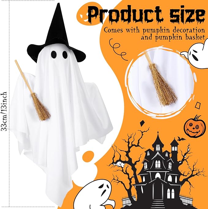 Leinuosen Light Up Disco Ghosts Halloween Decorations Indoor Spooky Ghosts with String Lights Witch Hats Broom Halloween Table Decor for Home Party Table Mantel Room Kitchen Haunted House (Fabric)