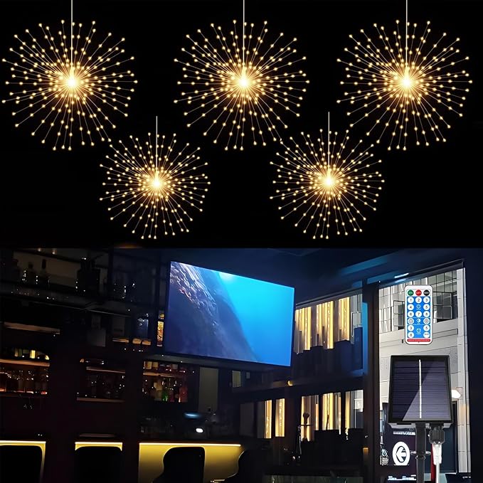 5 Pack Solar Firework Lights, 450 LED 8 Modes Dimmable Waterproof Hanging DIY Starburst Fairy Lights with Remote Timer for Garden Indoor Outdoor Decoration (Warm White, 450)