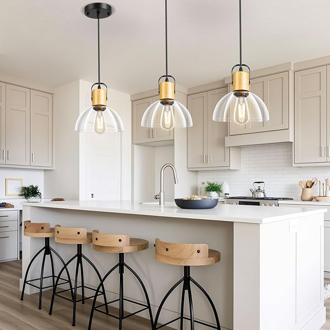 1 Pack Wood Pendant Lights, Pendant Light Fixtures with 7.5" Clear Glass Shade, Modern Farmhouse Hanging Lights for Kitchen Island, Bedroom, Bathroom, Dining Room