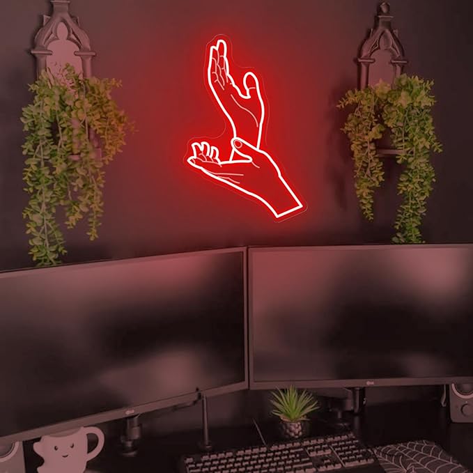 Meanwhile Neon Sign – Red Clapping Hands LED Wall Light for Retro Aesthetic Decor, Quirky Room Accent, USB Powered Sign for Bedroom, Living Room or Lounge 15.7″ ×10.5″