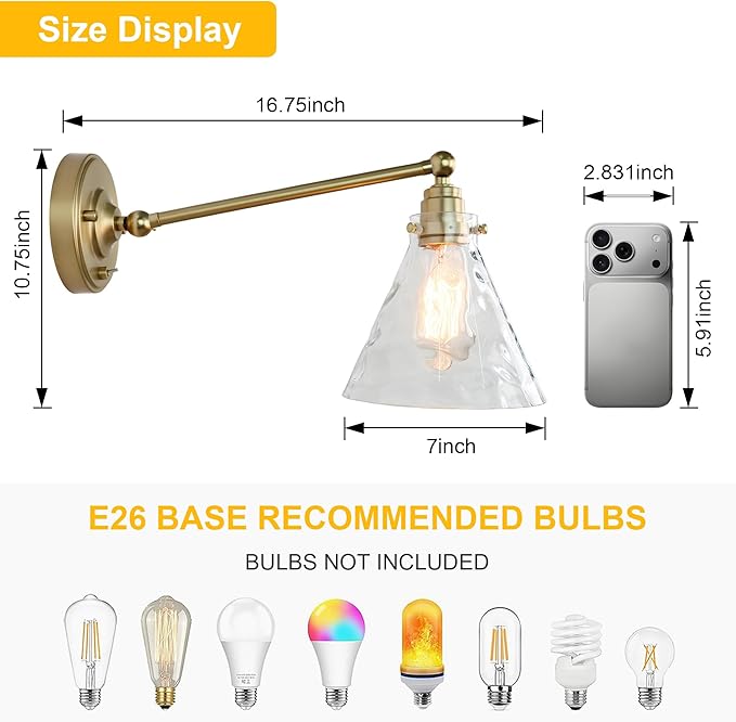 Industrial Vintage Slope Pole Wall Mount Single Sconce with Funnel Flared Clear Glass Shade, Swing Arm Wall Sconce Light Lamp Fixture Hardwired