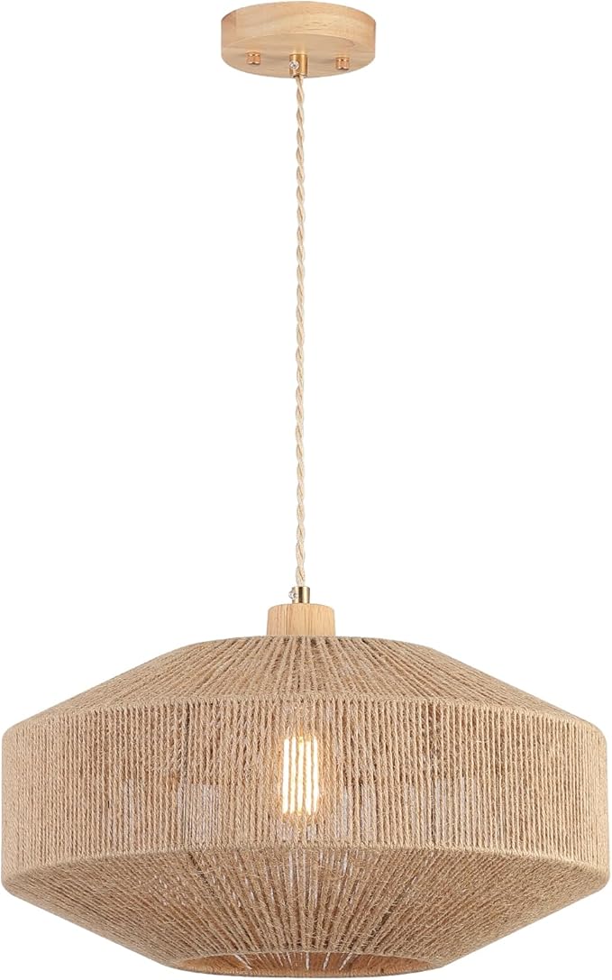 Coastal Large Woven Pendant Light Fixture 17.8 inch One-Light Adjustable Natural Hemp Rope Cage Pendant Lighting for Kitchen Island Dining Room Living Room Farmhouse