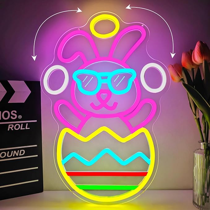 Easter Neon Sign for Wall Decor Bunny Throwing Eggs Led Sign Animated Bunny Neon Light Easter Decorations Funny Rabbit Light Up Signs for Window Spring Bar Home Holiday Party Gifts Business Coffee