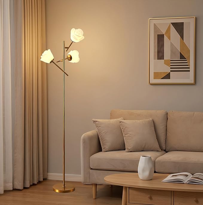 Fiqevs Mid Century Modern Floor Lamp with 3 Adjustable Flower Shade - Floral LED Standing Light with Foot Switch & Light Bulb, Sputnik Tree Lamp for Living Rooms Bedrooms - Antique Brass/Gold