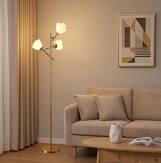 Fiqevs Mid Century Modern Floor Lamp with 3 Adjustable Flower Shade - Floral LED Standing Light with Foot Switch & Light Bulb, Sputnik Tree Lamp for Living Rooms Bedrooms - Antique Brass/Gold