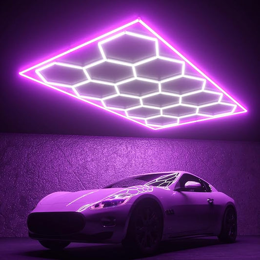 Hexagon Garage Lights, 14 Grids Hexagon LED Lights with Rectangle Frame, 603W 6500K Super Bright Honeycomb Light for Warehouse, Car Detailing Shop, Exhibition Hall, Gym(Purple)