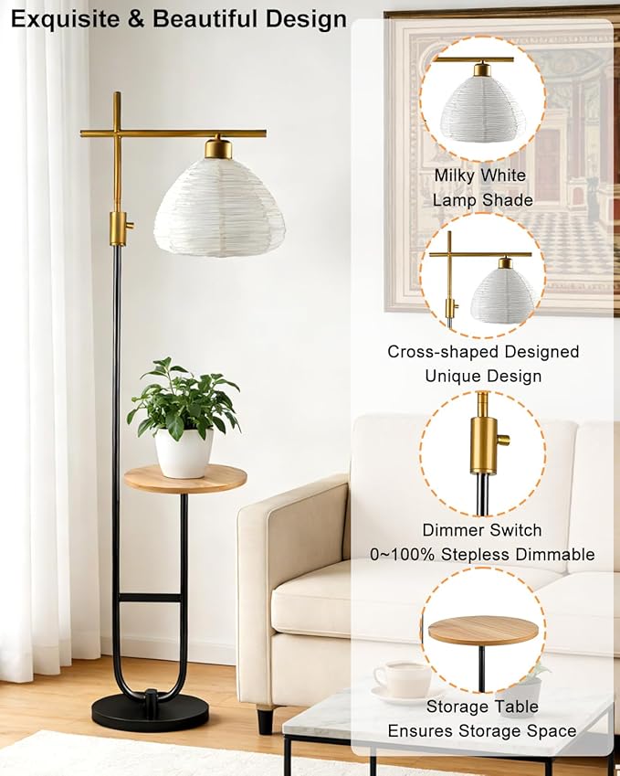 66IN Gold&Black Dimmable Floor Lamps with Storage Table, Modern Standing Tall Lamp with Milky White Lampshade, Cross-Shaped Lamp Head and U-Pole Base Style for Living Room/Bedroom