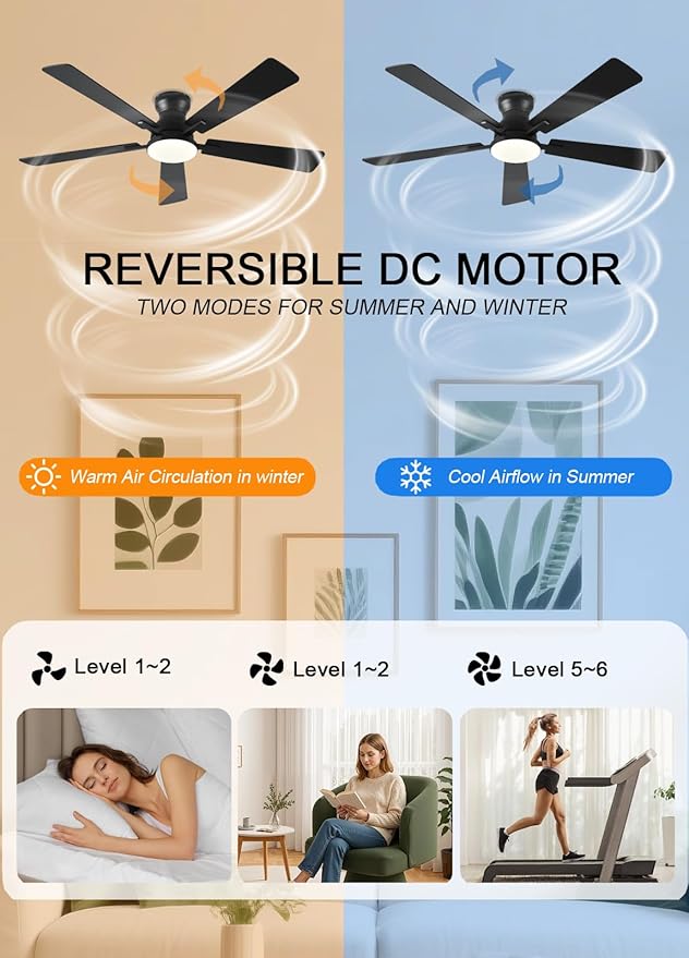 Ceiling Fans with Lights, 52Inch Low Profile Ceiling Fan with Light and Remote/App Control, Modern Flush Mount Black Ceiling Fan, 3CCT Dimmable, Reversible DC Motor, for Living Room,Bedroom