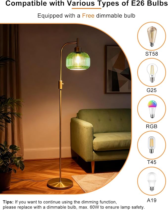 Lightdot 64IN Glass Floor Lamp for Living Room, Dimmable Modern Standing Lamps with Emerald Green Ribbed Glass Lampshade&(Bulb Included), Industrial Floor Lamp for Bedroom Office/