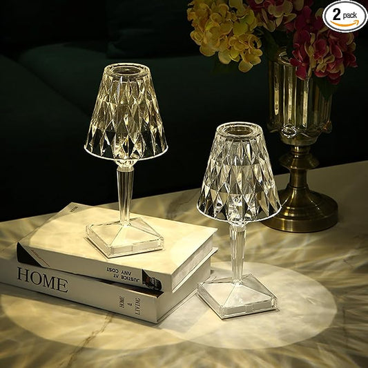 2pcs Crystal Table Lamp Touch Control Crystal Rose Lamp, [2000mAh]Rechargeable LED Diamond Table Lamps with 3 Color Changing Light, [Non-Yellowing]Acrylic Cordless Table Lamp Small Lamp for Bedroom