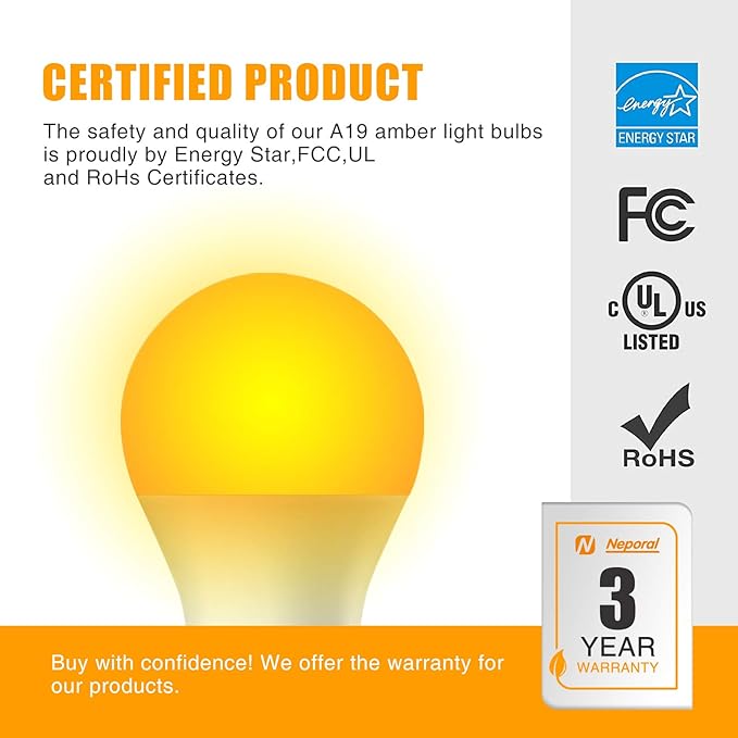 Neporal Amber Light Bulbs, 9W 60W Equivalent A19 Soft Light Bulb, Blue Light Blocking Warm Light Bulbs, 1800K Amber Night Light Bulb, Dim Bulb for Healthy Sleep and Baby Nursery Light (3)