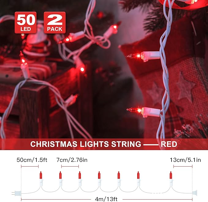Hopolon 2PACK 50-Count Red Christmas Lights with White Wire - 13ft Connectable Mini Red String Lights Plug in for Anniversary, Christmas Tree, Wedding, Party Decor, Indoor & Outdoor Holiday Lighting