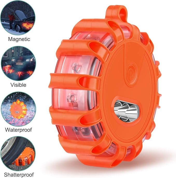 Meliya USB C Rechargeable LED Road Flares Emergency Lights with Magnetic Base, 9 Strobe Options Roadside Emergency Warning Car Safety Beacon Flashing Disc Flare Kit (Orange Lights, 3 Pack)
