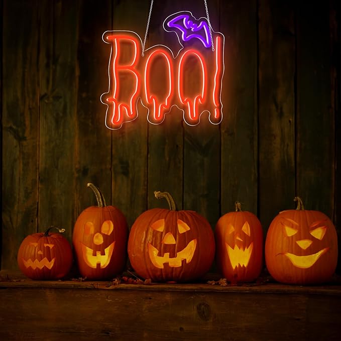 Halloween Neon Sign, Orange Purple BOO Bat Neon Light Up Sign for Halloween Party Decorations, Dimmable Neon Halloween Led Sign for Wall Decor, Spooky Boo Neon Sign for Trick or Treat Party Backdrop