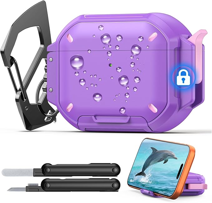 MoKo for AirPods Pro 3 Case with Secure Lock - IP68 Waterproof Case for iPods Pro 3, Military-Grade Protective Cover Earpods Pro 3 with Keychain, Phone Stand & Cleaner Kit, Purple
