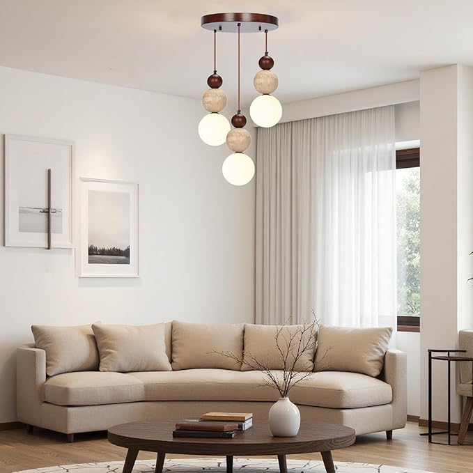 Wabi Sabi Pendant Light,3-Light Travertine Stone Fixture-Japandi Japanese Style Lamp,Nordic Wood Chandelier,Spherical Scandinavian Pendant Light Suits Kitchen Islands,Dining & Living Rooms(Walnut)