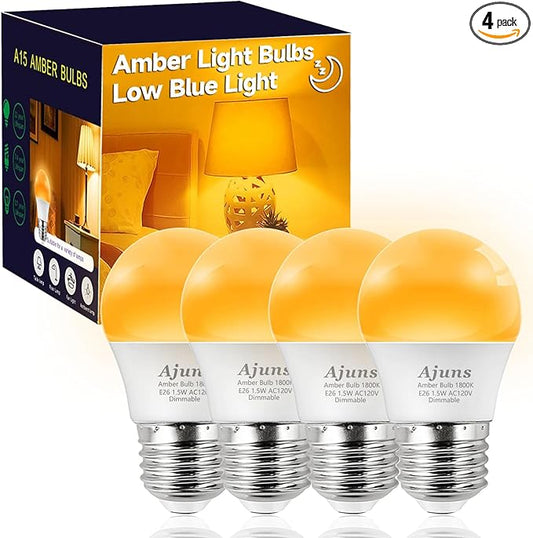 Amber Sleep Light Bulb Dimmable, Blue Light Blocking, A15 E26 1.5W 15 Watt Equivalent Dim Light Bulb, 1800K Warm Bulb for Healthy Sleep, Bedroom, Children's Room,4pack